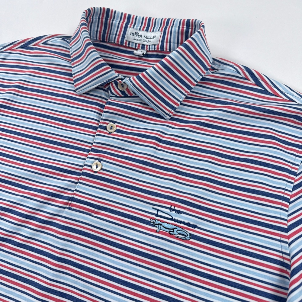 Peter Millar Mens Polo Small Red Blue Striped The Dunes Alligator Short Sleeve